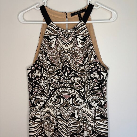 BCBG MAXARIA Cailyn Cocktail Halter Dress Womens 8 Black Brown Cream Mesh Knee - Picture 1 of 5